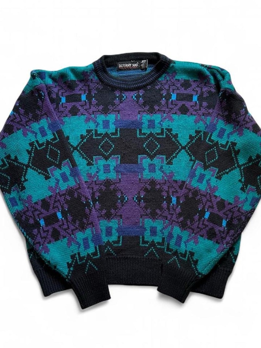 Vintage 1990s Western Aztec Geometric Crewneck Sweater in Teal & Purple M